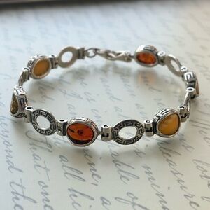 Multi Amber Oval Sterling Silver Women's Link Bracelet